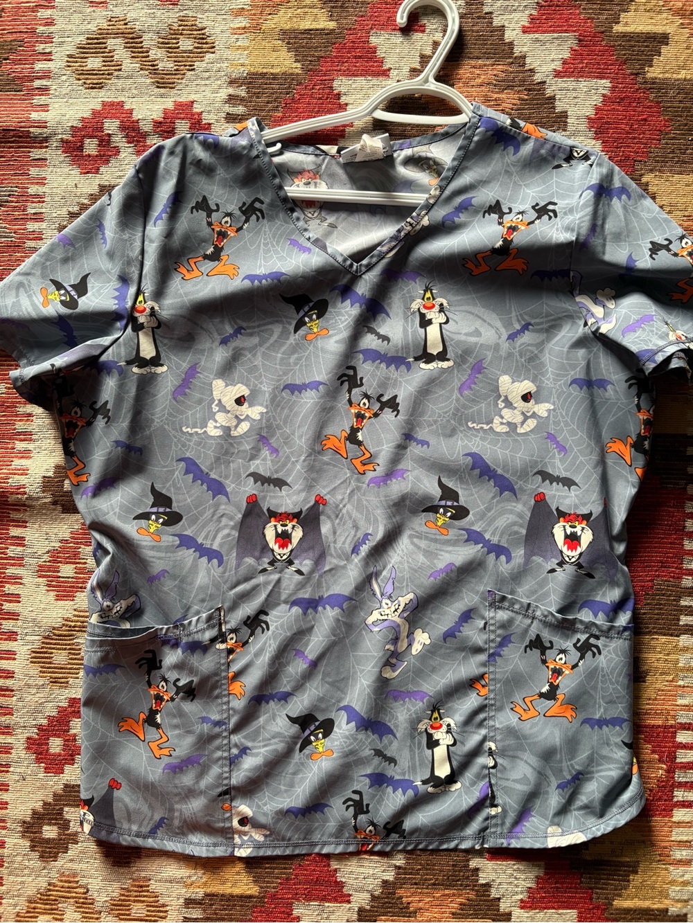 Women’s Halloween Cartoon-Print  Scrub Top - Gray & Purple